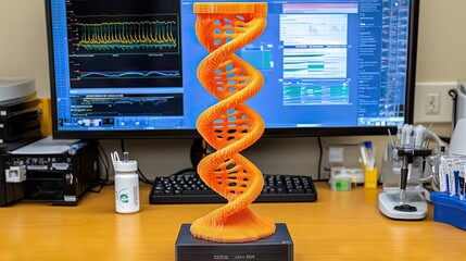 Fototapete - Detailed 3D-printed DNA models on a lab desk, showcasing biotechnology in genetic research