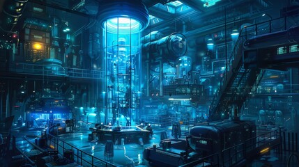 Futuristic Sci Fi Laboratory Interior with Glass Tubes and Machinery