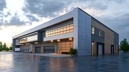 Modern warehouse exterior with loading docks and large windows, showcasing sleek design