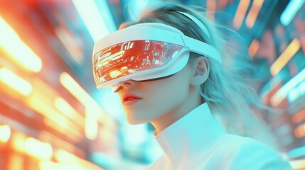 Poster - beauty  business woman in VR glasses. Blurred spectacular background in motion
