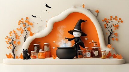 A witch stirring a bubbling cauldron in the cozy confines of her quaint cottage surrounded by jars filled with mystical ingredients and a black cat in a warm earthy fantasy inspired digital