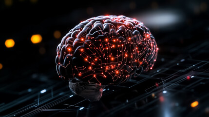 Poster - A vibrant, abstract brain pulsating with glowing circuits, representing the fusion of technology and intelligence