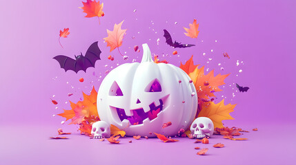 Canvas Print - halloween themed 3d illustration with a white pumpkin, colorful bats, and autumn leaves on a pastel 