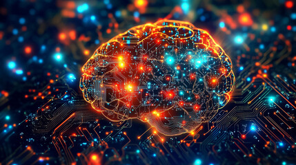 Poster - A glowing brain design features intricate circuits, symbolizing the fusion of intelligence and technology