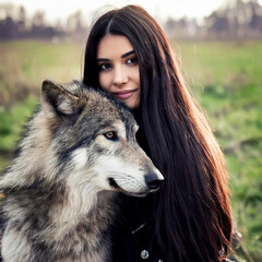 Wall Mural - Young woman with long black hair hugging wolf,