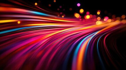 Poster - Vibrant, multicolored light trails curve dynamically against a dark background, creating an abstract sense of speed, energy, and motion.