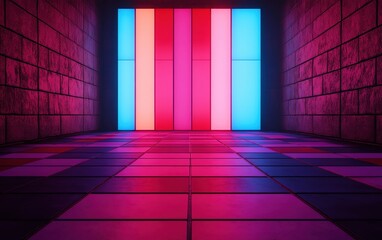 Poster - A vibrant hallway with glowing neon panels in red, pink, and blue, creating a futuristic and immersive atmosphere in a tiled space.