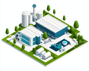 Isometric layout of a smart industrial facility with robotic assembly lines, control rooms, and automated systems, modern factory, technologydriven manufacturing