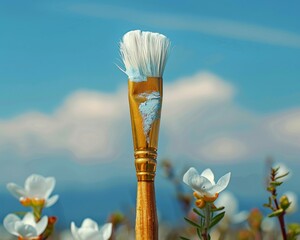 A paintbrush stands in a field of delicate flowers against a bright sky, symbolizing creativity and nature's beauty.