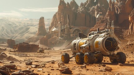 futuristic mars rover exploration vehicle in desert landscape