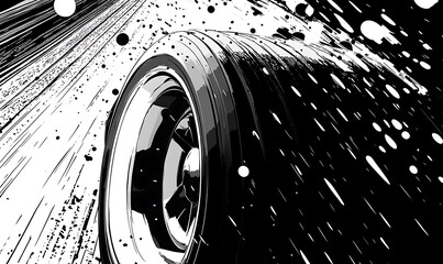 Aufkleber - Abstract black and white illustration of a car tire driving fast on a road.