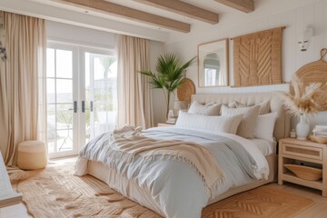 Aufkleber - A cozy and stylish bedroom featuring beige and soft blue bedding, wooden beams, and warm natural decor that creates a serene atmosphere for relaxation.