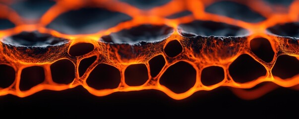 Poster - A close-up image showcasing a textured surface with vibrant orange and black colors, resembling honeycomb patterns and dynamic cellular structures.