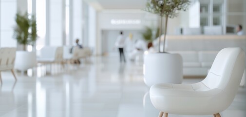 Modern white chair in a bright, spacious interior. A tranquil atmosphere with greenery enhances the contemporary design.