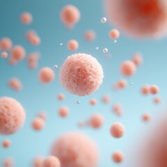 Poster - A visually engaging depiction of pink, spherical cells floating against a soft blue background, suggesting a microscopic exploration of cellular life.