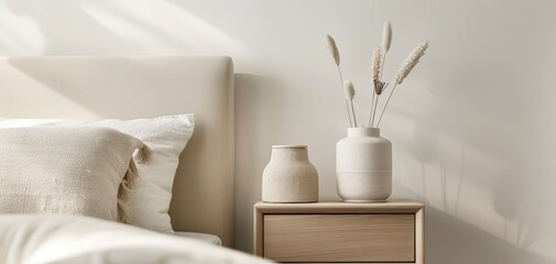 Aufkleber - Serene bedroom decor featuring soft bedding, minimalistic vases, and natural light creating a calming atmosphere.
