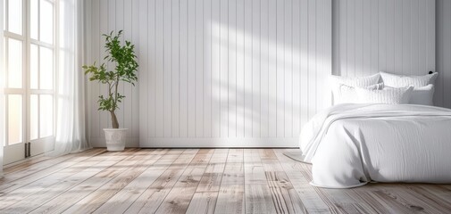 Aufkleber - A serene bedroom featuring a minimalist design, natural light, and a touch of greenery, perfect for relaxation and comfort.