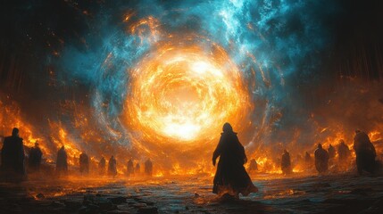 Wall Mural - A group of people are standing in front of a large orange and blue circle. Generative AI