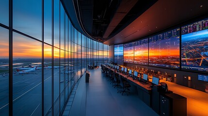 A modern airport control tower with large screens displaying flight data and a stunning sunset view through the panoramic windows.