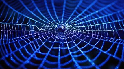 Intricate spider web adorned with dewdrops glimmers under soft blue light in the early morning fog, showcasing nature\'s delicate beauty
