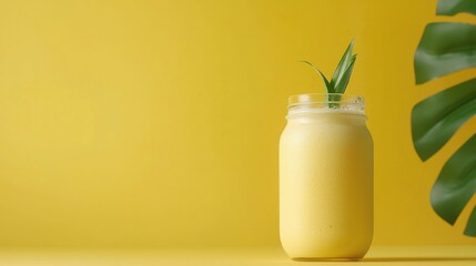 Coconut Smoothie in Mason Jar on Yellow Background