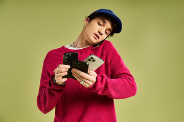 A fashionable young man engages with multiple smartphones while posing confidently in his trendy pink sweater.