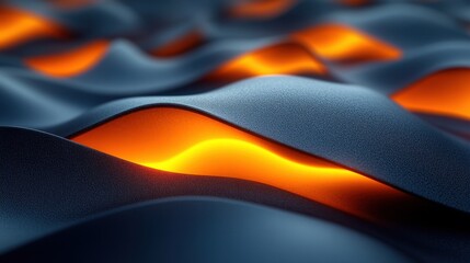 Flowing waves of vibrant orange light beneath smooth, dark surfaces create an otherworldly environment at dusk