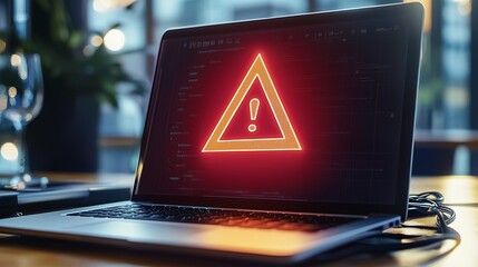 Laptop screen shows a warning sign, symbolizing global tech outages and system hacks.