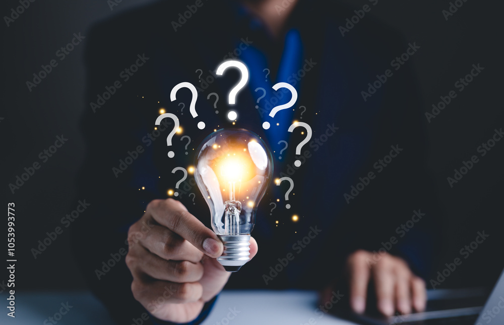 Question mark and problem solving concept. Glowing lightbulb with ...