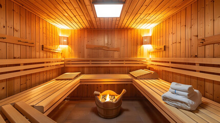 Modern Sauna interior, wood sauna, Relax in a hot sauna, healthy therapy background