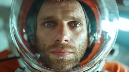 A close-up image of an astronaut focused and gazing intently through his helmet, creating a sense of determination and exploration within the space mission ambience.