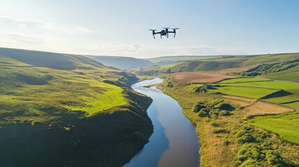 Wall Mural - A drone flying above a winding river cutting through a valley with clear skies and ample space for copy