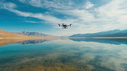 Wall Mural - A drone flying over a clear lake with mountains in the distance, leaving space for copy in the sky