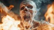 ©  Jovaduplex - An eerie skeletal figure with its mouth wide open emerges from surrounding flames, embodying horror and the primal fear of a nightmarish inferno through fiery tones.