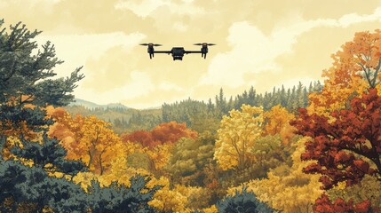 Wall Mural - A drone in flight over a dense forest during autumn, with plenty of sky space for text