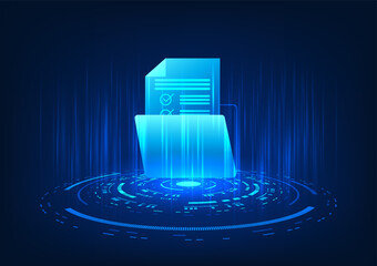 Fototapete - Hologram image of a digital storage technology document file projected, showing a digital document file stored on a secure Internet-based server.