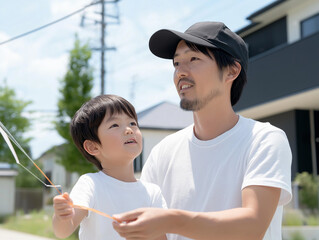 Close-up of a father helping his son fly a kite during sunset