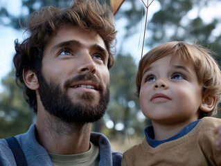 Close-up of a father helping his son fly a kite during sunset