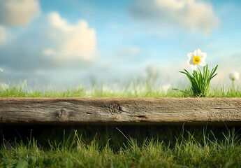 Wall Mural - A single daffodil grows out of the ground near a wooden plank with a blue sky and white clouds in the background.