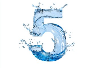 Poster - Angular water number 5 splashes and twisted shapes on white background, 3D rendering.