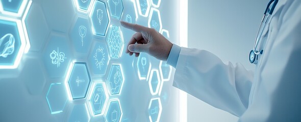 Aufkleber - A doctor holds a stethoscope in his hands, with an office background in the background