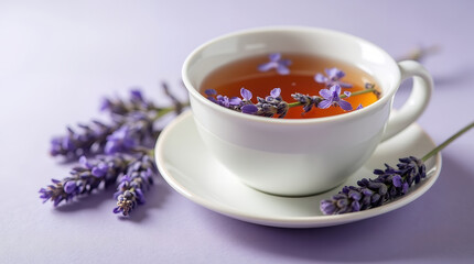 Wall Mural - Cup of lavender tea with floating lavender flowers