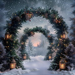 3D arched wreath of mistletoe and pine trees with lanterns on the sides, snow in the foreground, night sky background