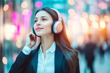 Businesswoman listening music with headphones in the city