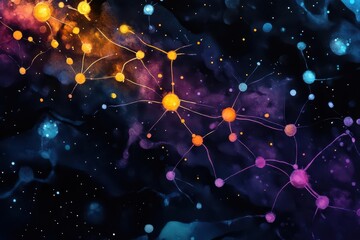 Poster - A vibrant cosmic network of colorful nodes connected by glowing lines, set against a dark, nebulous background of stars and hues of purple and orange.
