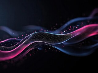 Fototapete - A vibrant, abstract wave design featuring flowing lines in shades of blue and pink against a dark background, creating a dynamic visual effect.
