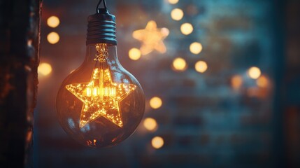 Wall Mural - Light bulb with a star inside of it. The bulb is lit up and the star is glowing. The image has a warm and cozy feeling to it, as if it were lit up during the holiday season