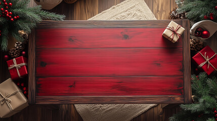Wall Mural - a background for chistmas advertising, a red wooden table, top view with christmas decoration