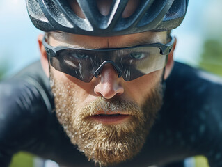 Close-up of a man cycling outdoors focused expression