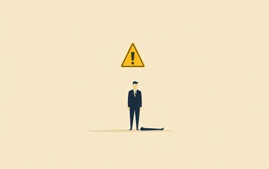  A flat design vector of a man in a suit on the ground, with a yellow triangle exclamation mark above. The background is beige